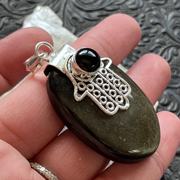 Gold Sheen Obsidian Black Onyx Hamsa Hand Crystal Pendant - Picture 3 of 7
